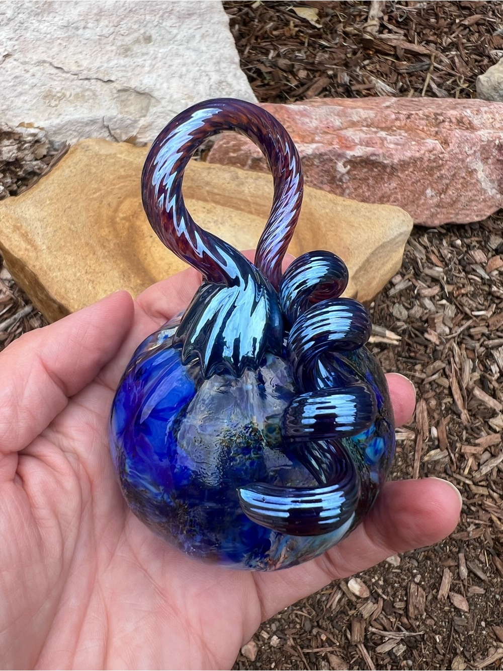 Handblown Blue Glass Pumpkin Halloween Thanksgiving Autumn - Picture 3 of 12